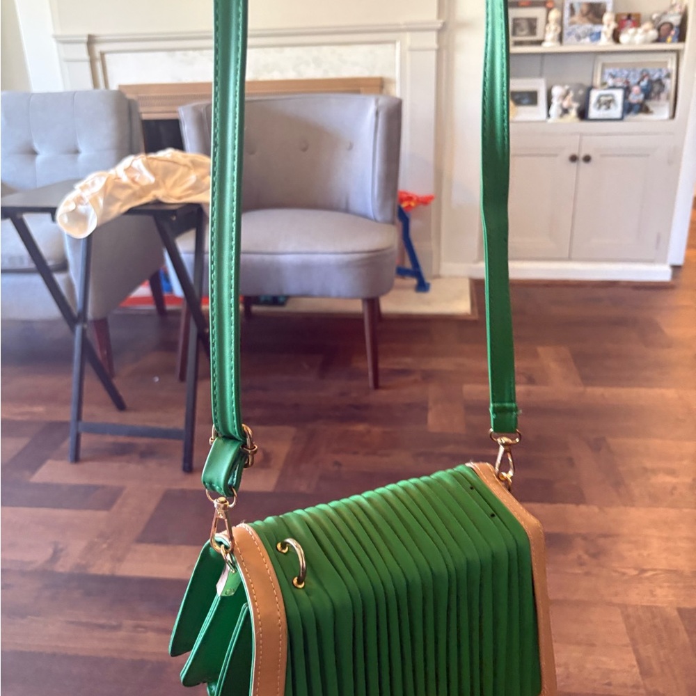 Pleated Green Accordion Crossbody Bag with Tan Trim